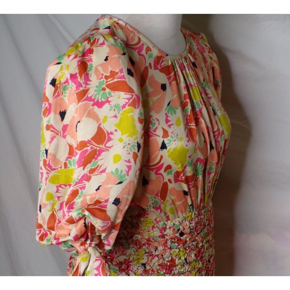 🆕 By TiMo Shirred Smocked Ruffle Crepe Satin Mini Dress Floral Medium - Picture 15 of 16